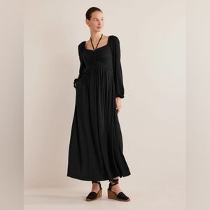 NWT BODEN Tie Detail Jersey Maxi Dress Long Sleeve in Black size 2